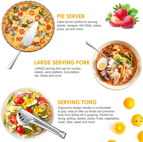 Serving Utensils Include Large Serving Spoons Slotted Serving Spoons Serving Forks Serving Tongs Soup Ladle and Pie Server Buffet Catering Serving Utensils for Dishwasher Safe (Silver, 10)