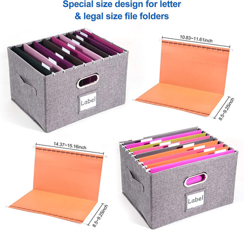 File Storage Organizer, Collapsible Office File Boxes with Lid, Linen Filing Hanging Folder Document Organizers for Letter/Legal Size with Slide Rails