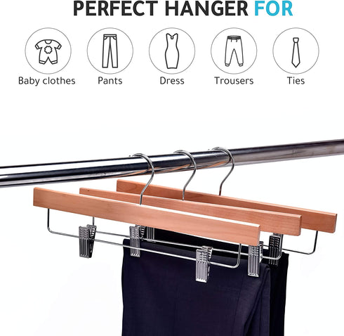 Quality Hangers Wooden Pants Hangers - 10-Pack Swivel Hook Cloth Hanger Set - Lotus Wood Skirt, Pant, Shorts and Slack Hangers with Adjustable Clip - Natural Clothing Hanger Set in 6 Modern Colors