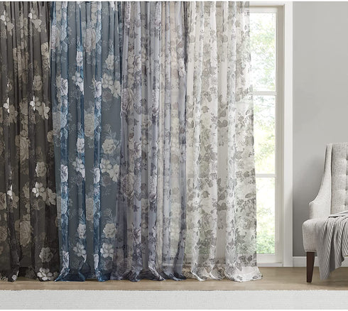 Madison Park Simone Floral Design Sheer Single Window Curtain Voile Privacy Drape for Bedroom, Livingroom, 50" x 95", Backtab Panel, Grey