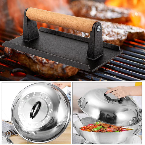 ZEAYEA 12 Inch Basting Cover and Grill Press Kit, BBQ Stainless Steel Griddle Accessories Kit for Hamburger Bacon Steak, Round Flat Top Griddle Cast Iron Grill Cooking Indoor or Outdoor Camping