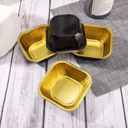Cupcake Cups with Lids, EUSOAR 8oz 50pcs Disposable Desserts Flan, 3.5x2.7x1.6" Baking Cups with Lids, Aluminum Foil Desserts Cupcake Flan, Catering Gathering Shower Favor-Black Gold