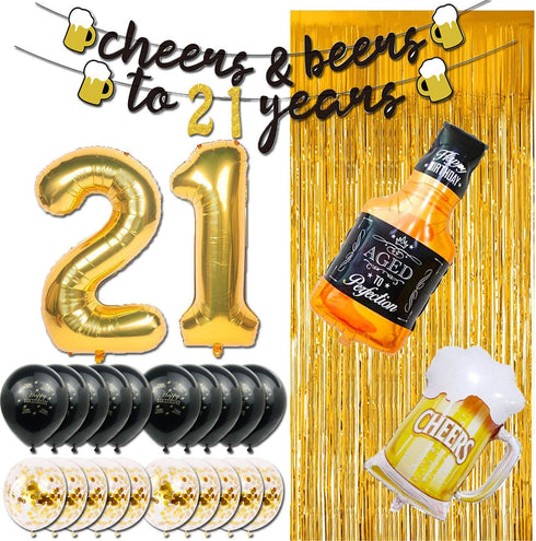 21st Birthday Decorations for Him Her, 21 Years Birthday Decorations with 40 Inch Gold Number Balloons, Banner, 21 Sign Latex Balloon, Fringe Curtains and Cups Foil Balloons