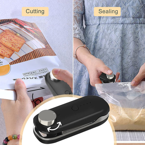 INHDBOX Mini Bag Sealer Rechargeable, Portable Handheld Bag Heat Vacuum Sealer with 3 Adjustable Sealing, Bag Resealer Machine Food Saver for Plastic Chip Bags, Storage Snack Cookies, Black