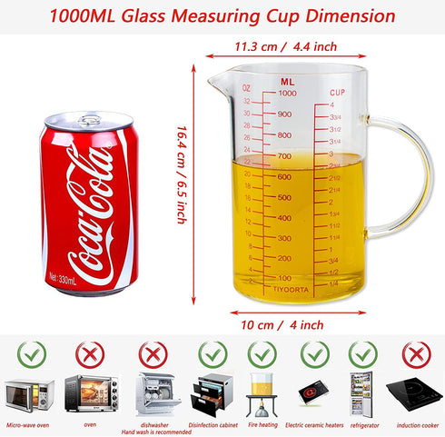 Glass Measuring Cup with Handle, Three Scales (OZ, Cup, ML) , V-Shaped Spout, Measuring Beaker for Kitchen or Restaurant, Easy to Read, by TIYOORTA (1000ML RED)
