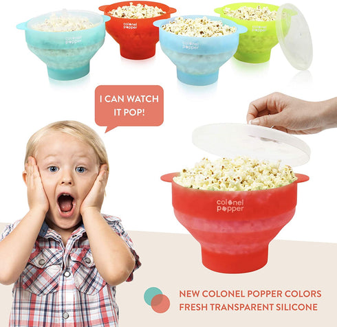 Original Colonel Popper Healthy Microwave Popcorn Maker - LFGB Food Grade Certified BPA Free Popcorn Poppers (Transparent Red)