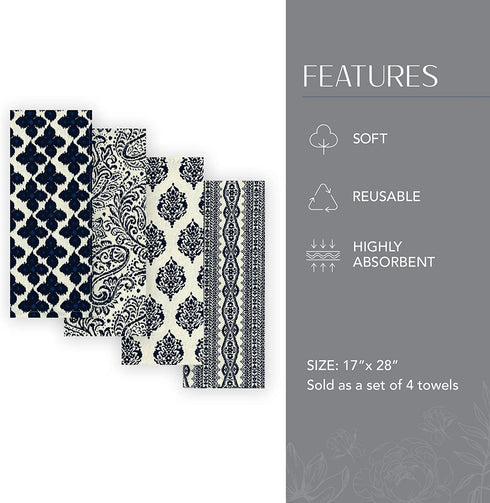 Elrene Home Fashions Everyday Casual Prints Assorted Kitchen Towels, Cotton Dish Towels, 17 Inches by 28 Inches, Indigo Blue, Set of 4