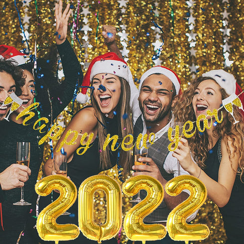 ORDA New Years Eve Party Supplies 2022, 47PCS Happy New Year Decorations Including Gold-Glitter Happy New Year Banner, 2022 Gold Foil Number Balloons, Black and Gold Confetti Balloons, Star Balloons, 4D Balloons