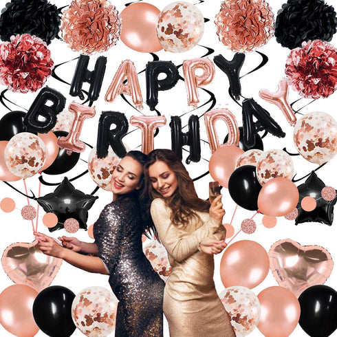 Rose Gold Black Birthday Decorations Set 44 Pieces balloon kit with foil Balloons Suit for 1st 16th 18th 21th 30th 35th 40th 50th 60th 70th, Women Grils Rose Gold and Black Birthday Party Decorations SupplieS