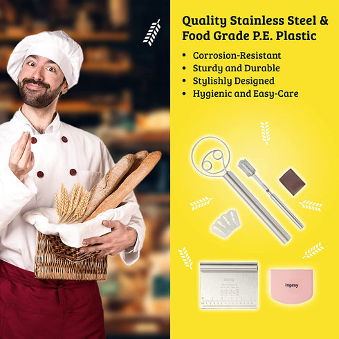 Danish Dough Whisk Bread Lame Set Premium Danish Whisk with Large Dough Hook, Lame Bread Tool with Blades & Pouch, Dough Cutter, Dough Scraper Quality Kitchen Whisk and Bread Baking Supplies