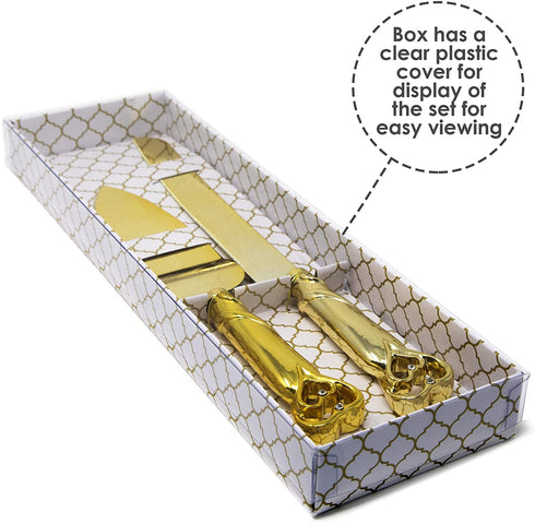 Gold Double Heart Wedding Cake Serving Set - Gold Wedding Cake Knife Set