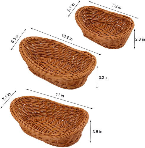 Yarlung 3 Pack Poly-Wicker Woven Breads Baskets, Stackable Oval Fruit Baskets Food Serving Holders for Vegetables, Home, Kitchen, Restaurant, Outdoor, Imitation Rattan Brown, 3 Sizes