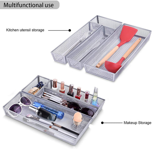 Kitchen Drawer Organizer, 4 Separate Compartments Mesh Silverware Organizer, Utensil Storage Organizer Flatware Silverware Tray with Anti-Slip Mats