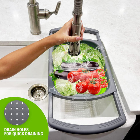 C.I.H. Collapsible Strainer | Collapsible Colander for Kitchen | 3 Piece Green Set | Large Over the Sink Strainer with Extendable Handles | Small Rectangular Strainer | Heat Resistant Utensil Rest