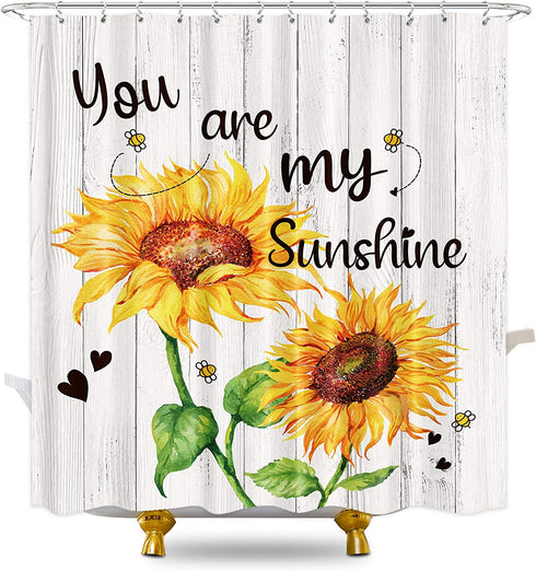 KOMLLEX Rustic Sunflower Shower Curtain 60Wx72H Inches Wooden Board Farmhouse You are My Sunshine Floral Spring Blooming Countryside Fabric Waterproof Polyester 12 Pack Plastic Hooks