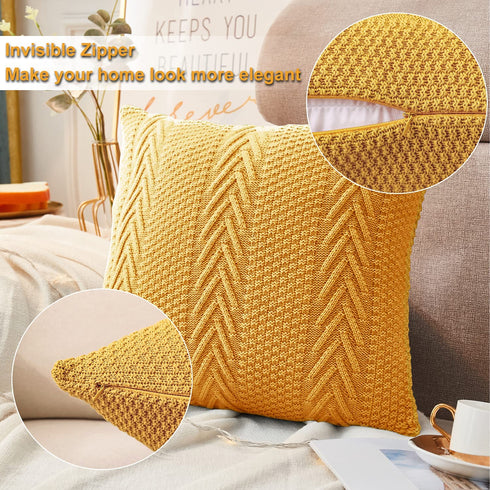 LiBcmlian Yellow Throw Pillow Covers 18x18 Set of 2 Cotton Pillow Cushion Cases Cable Knit Decoration Square Pillowcases for Couch Sofa Bedroom Living Room Car