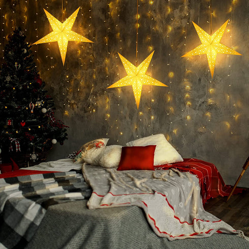 Paper Star Lantern, 8 Mode 50 LEDs Firework Fairy String Lights, Light up Hollow Out Star Hanging Decoration for Indoor Outdoor Room Wedding Christmas Party (Chic Style)