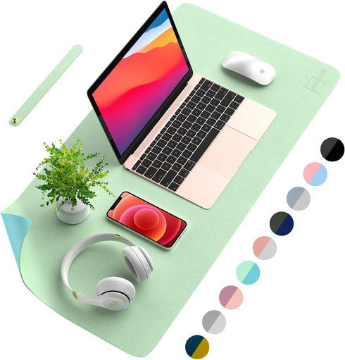 AFRITEE Desk Pad Protector Mat - Dual Side PU Leather Desk Mat Large Mouse Pad Waterproof Desk Organizers Office Home Table Decor Gaming Writing Mat Smooth (Light Green/Greenish Blue, 35.4" x 17")