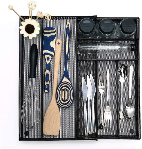 JANE EYRE Sturdy Utensil Drawer Organizer, Cutlery Tray, Silverware/Flatware Storage Divider for Kitchen, Mesh Designing with Non-slip Rubber Feet (Black)