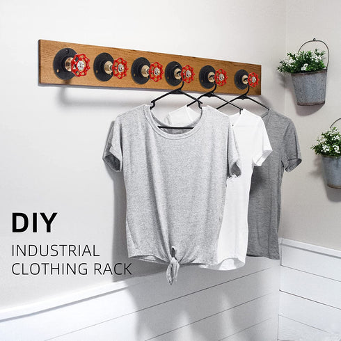 DSDST 3 Pcs Industrial Pipe Red Handwheel Coat Hook Racks Clothing Rack Hanger Coat Rack Wall Hooks Garment Rack for Hanging
