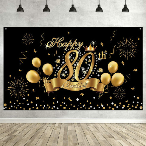 Happy 80th Birthday Decoration Banner Backdrop Party Decoration, Black Gold 80 Birthday Banner Sign Poster for 80th Anniversary Photo Booth Props Background Birthday Party Supplies, 72.8 x 43.3 Inch