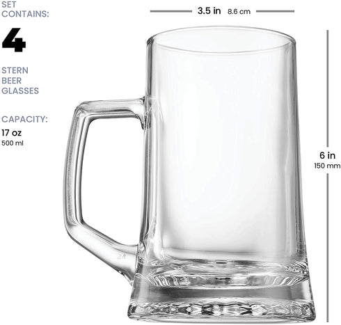 Bormioli Rocco 4-Pack Solid Heavy Large Beer Glasses with Handle - 17.1/4 Ounce Glass Steins, Traditional Beer Mug glasses Set, Perfect Coffee - Tea Glass, Everyday Drinking Glasses, Cocktail Glasses