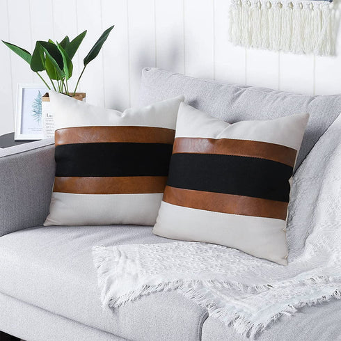 Pyonic Set of 2 Farmhouse Pillow Covers 18x18 Inch Faux Leather and Linen Throw Pillow Covers Decorative Black and White Accent Cushion Covers for Couch Sofa