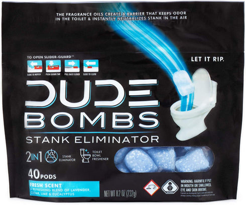 DUDE Bombs Deodorizing Toilet Freshener, Fresh Scent, 40 Pods