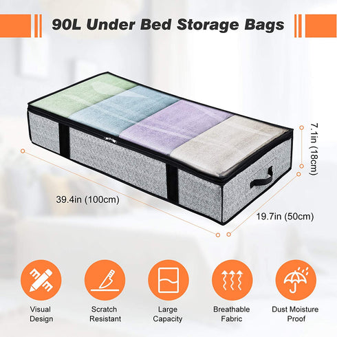 Under Bed Storage 90L Large Foldable Underbed Storage Bag with Clear Window,Dual Zipper,4 Reinforced Handles,Under The Bed Storage Bins for Comforters,Clothes,Quilts,2-Pack