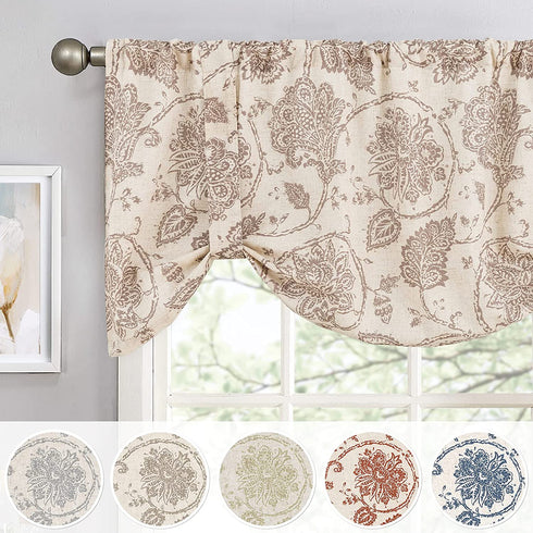 JINCHAN Valance Curtain Kitchen Farmhouse Window Valance for Living Room Linen Scroll Paisley Valance for Bedroom Bathroom Floral Printed Tie Up Small Valance 20 Inch 1 Panel Rod Pocket Taupe on Beige