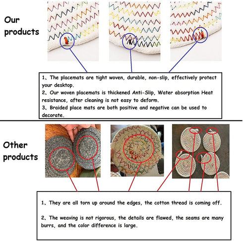 Oval Woven Placemats Set of 4, Cotton Rope Weave Placemats with 4 Pack Round Fabric Coasters Heat-Resistant Non Slip Plait Table Mats Rustic Placemats for Kitchen Table (Rainbow)