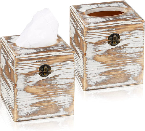 Pitmoly Square Tissue Box Cover, Wood Tissue Box Holder with Lid, Decorative Tissue Dispenser Organizer for Bathroom Vanity Countertop, Bedroom Dresser, Night Stand, Desk and Table (Pack of 2)