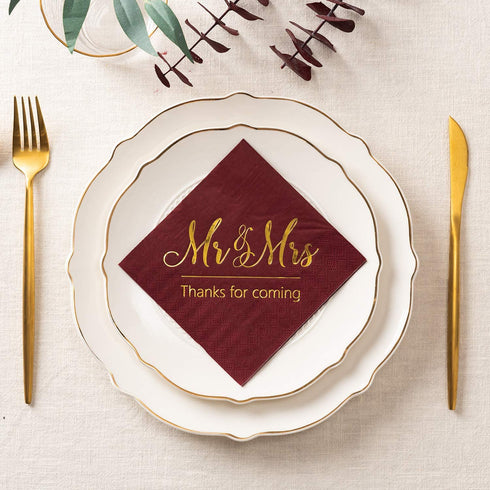 Crisky Wedding Napkins Mr Mrs Burgundy Gold Cocktail Beverage Dessert Napkins for Wedding Shower Engagement Party Decorations, 100 Pcs, 3-Ply