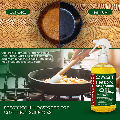 Creation Farm Foodieville Cast Iron Oil Non-stick Conditioner for Seasoning Skillets, Griddles, Flat Top Grills, and more with Oils of Flax, Sesame, and MCT, 12 fl. oz. Sprayer included