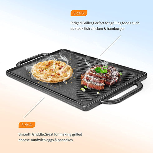 Hisencn Cast Iron Stove Griddle for Gas Grill, Nonstick Reversible Cast Iron Griddle Plate for Gas StoveTop, Outdoor Grill, Oven or Campfire (15.47L"8.18"W)