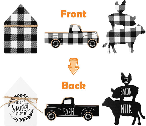R HORSE 3Pcs Wooden Farmhouse Buffalo Plaid Tiered Tray Decoration Black& White Plaid Rustic Farmhouse Tray Sign Double Printed Farmhouse Shelf Buffalo Plaid Decor for Christmas New Year Photo Prop