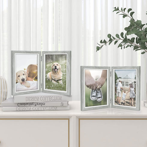 Afuly Grey Picture Frame 5x7 Double Wooden Hinged Photo Frames 2 Openings Tabletop Desk Display Farmhouse Decor Unique Gifts