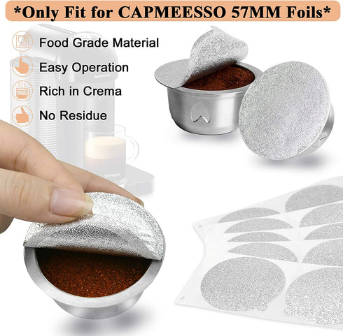 CAPMESSO Coffee Capsule, Refillable Vertuo Capsules Reusable Coffee Pod with Foil Lids Stainless Steel Compatible with Vertuoline GCA1,ENV135,Vertuo Plus(8oz pod+50 Foils)