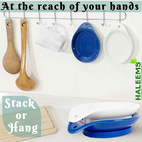 Ceramic Spoon Rest for Stove Top 6 inch- Set of 2 Anti Wobble Silicone Base | Stove Spoon Holder for Kitchen Counter | Blue, White Spoon Rest Set | Luxurious Utensil Rest for Cooking