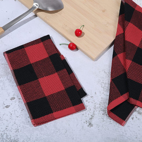 Mordimy 100% Cotton Waffle Weave Buffalo Plaid Kitchen Towels, 13 x 28 Inches, Super Soft and Absorbent Dish Towels for Drying Dishes, 4-Pack, Black & Red