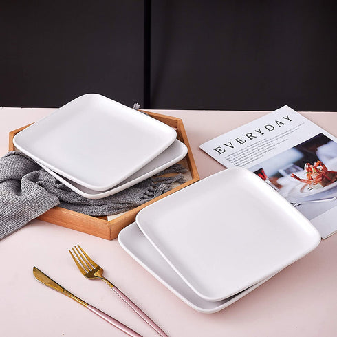 Bruntmor 8-Inch Set of 4, Heavy Duty Ceramic Dinner Plates, Elegant Matte Square Serving Plates for Dessert, Classic Serving Plate for Steak, Pasta and Salad, Dinner Plates, White