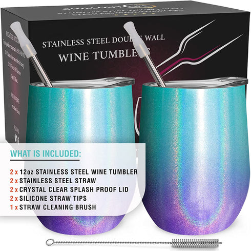 CHILLOUT LIFE Stainless Steel Wine Tumblers 2 Pack 12 oz - Double Wall Vacuum Insulated Wine Cups with Lids and Straws Set for Coffee, Wine, Cocktails (Mermaid Sparkle)