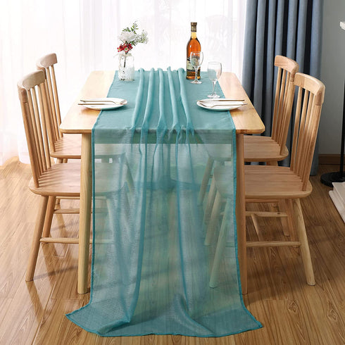 MUMFAS 10Ft 2 Pieces Teal Chffion Sheer Table Runner 34x122 Inch for Rustic Wedding Decor, Bridal Shower, Baby Shower, Boho Summer Outdoor Tea Party Birthday Chiffon Table Cloth Fabric Supplies