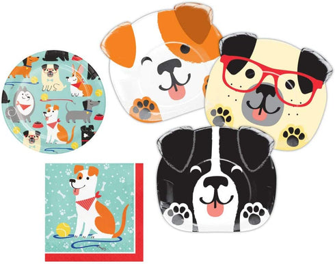 Puppy Dog Themed Party Supplies: Bundle Includes Shaped Dinner Plates, Dessert Plates, and Luncheon Napkins for 8 People