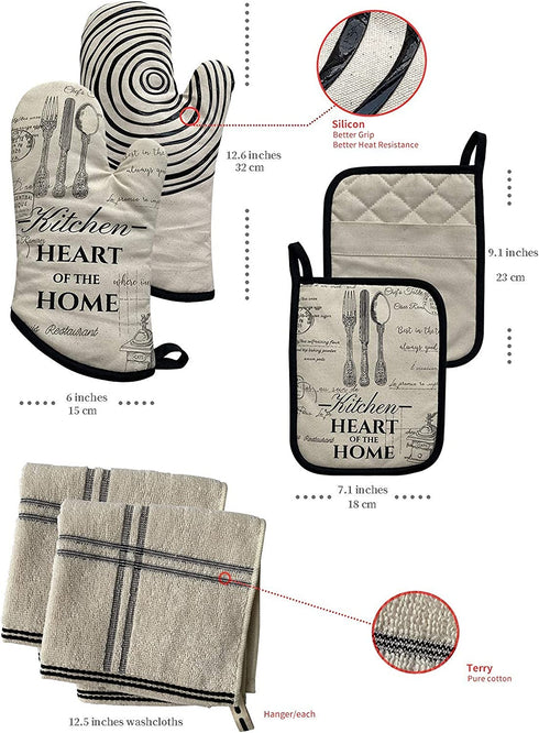 GREVY Cotton Oven Mitts with Silicone Grip Pot Holder Terry Washcloths Basic Kitchen Line Set(6 Pack)