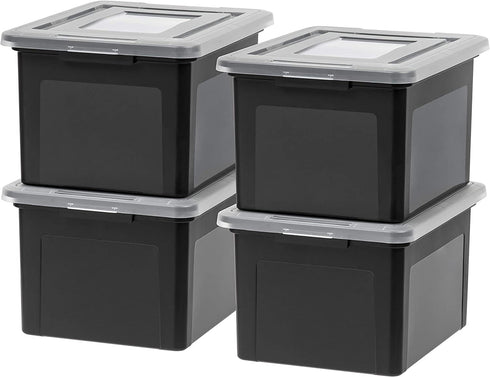 IRIS USA Letter & Legal Size Plastic Storage Bin Tote Organizing File Box with Durable and Secure Latching Lid, Stackable and Nestable, 4 Pack, Black
