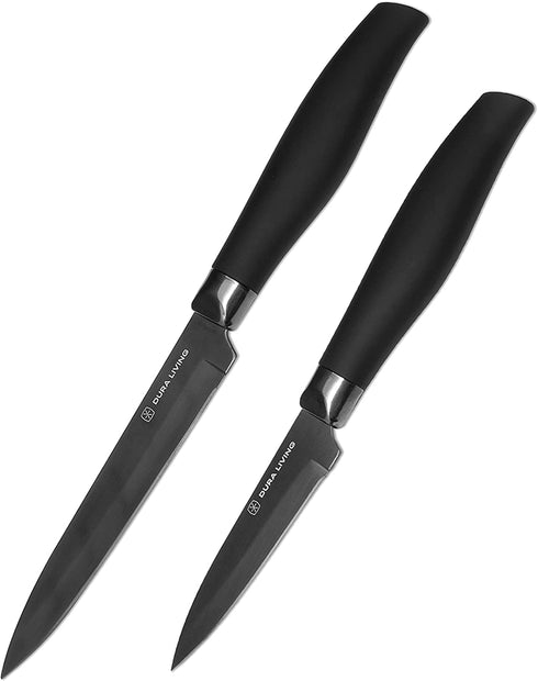 Dura Living 2-Piece Kitchen Knife Set - Nonstick Titanium Plated Stainless Steel Ultra Sharp 5 Inch Utility , 3.5 Inch Paring Multipurpose Cooking Knives With Matching Blade Guards