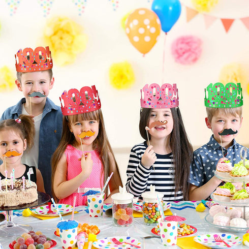 24 Pieces 100 Days Colorful Paper Crowns 6 Colors Adjustable Paper Party Crown with 2 Sheet Crystal Rhinestones Stickers for 100 Days of School Celebration Party Favors, 22.8 x 4.3 inches