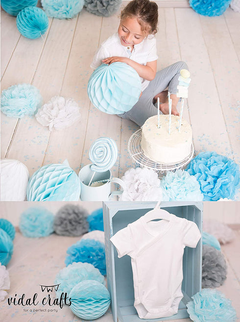 VIDAL CRAFTS Baby Shower Decorations for Boy, Its a Boy Banner, Complete Party Decor Kit, Paper Fans, OH BABY Foil and Latex Balloons, Tissue Paper Pom Poms, Honeycomb Balls, Party Supplies for Boys