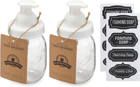 Jarmazing Products Mason Jar Foaming Soap Dispenser White with 16 Ounce Ball Mason Jar - Two Pack!